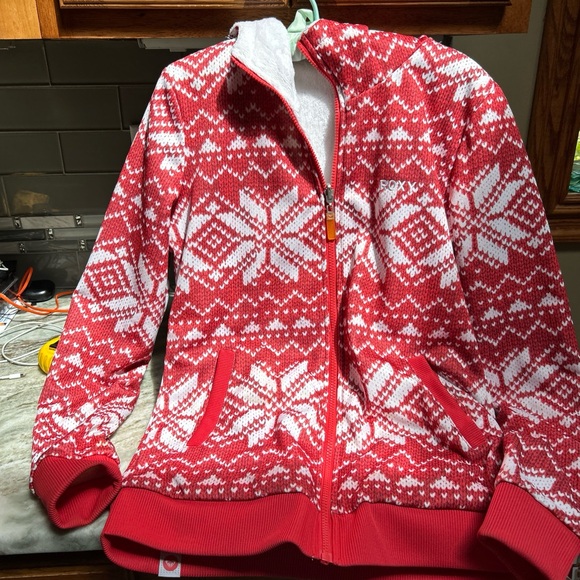 ROXY WOMEN HOODIE DEEP PILE REVERSIBLE SNOWBOARD SKI WINTER ZIP UP SZ M RED - Picture 1 of 9